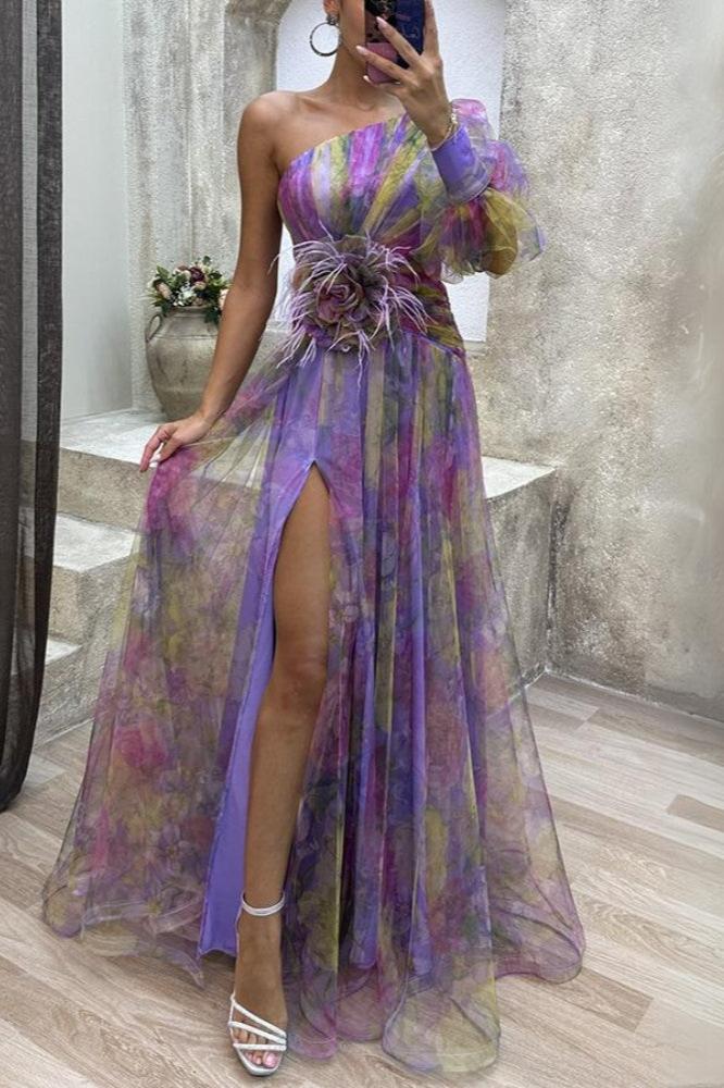 Kayla - Lång asymmetrisk blommaklänning