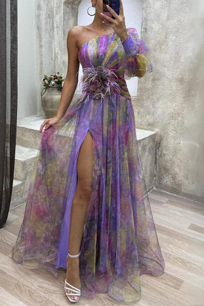 Kayla - Lång asymmetrisk blommaklänning