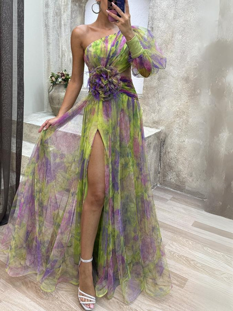 Kayla - Lång asymmetrisk blommaklänning