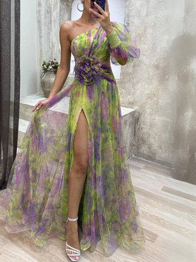 Kayla - Lång asymmetrisk blommaklänning