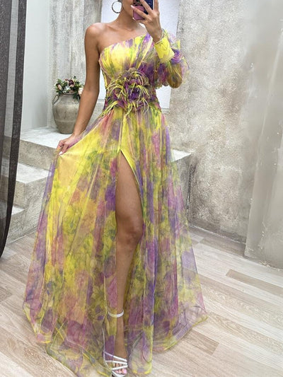 Kayla - Lång asymmetrisk blommaklänning