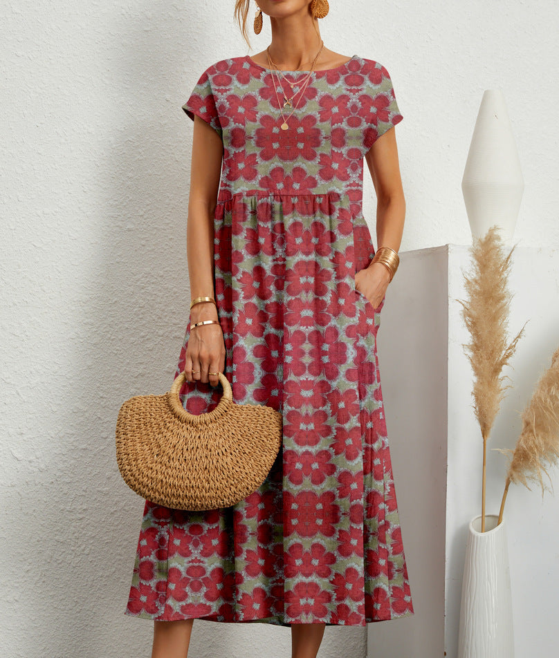 ROSELLE | Chic Blommig Klänning - Röd